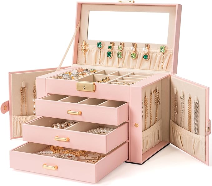 AKOZLIN Large 4-Tier Jewelry Box Leather Jewelry Storage Organizer with 3 Drawers Lockable for Women Girls Ring Necklace Earring Bracelet Watches Holder with Mirror Pink-CubbioJoy