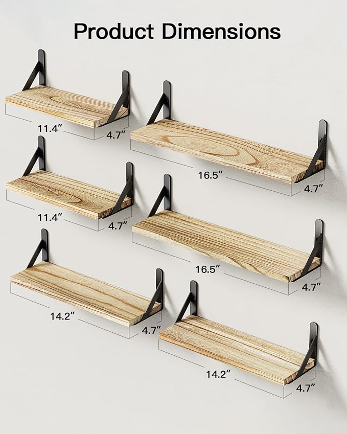 AMADA HOMEFURNISHING Wall Shelves Set of 6, Rustic Farmhouse Style, Wood Floating Shelves for Wall Decor, Bathroom & Bedroom Storage, Living Room Book Shelves, 6pcs-CubbioJoy