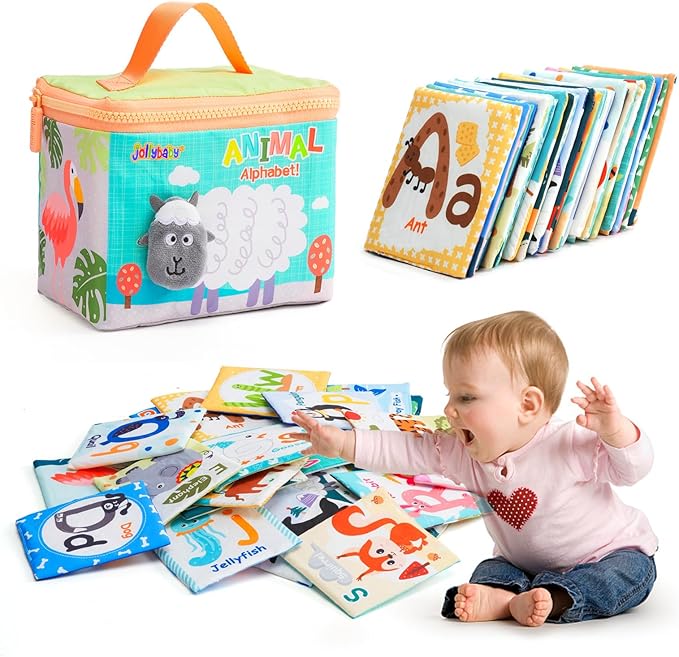 Jollybaby Reusable Soft Cloth ABC Alphabet/Letters Animal Flash Cards for Baby 0-3-6-9-12-18 Month, Curious Baby First Words Learning Activity Flashcards, Tummy Time Toy Gift for 1 Year Old Boy Girl-CubbioJoy
