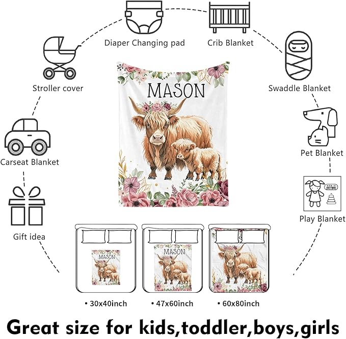 Custom Nursery Crib Bedding Set: Personalized Name 4 Piece Flower Highland Cow Design Baby Crib Sets for Baby Girls - Toddler Double Layer Blanket Set, Comfortable Crib Bed Sheets for Baby Toddlers-CubbioJoy