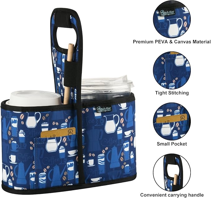 Beautyflier Drink Carrier with Handle for Delivery Reusable Insulated Coffee Cup Carrier Portable Cup Holder with Handle Organizer Tote Bag for Hot & Cold Drinks (2 Cup, Pattern2)-CubbioJoy