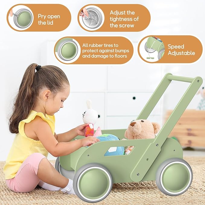 2025 HOMEKOL Wooden Baby Walker,Baby Push Walker, Adjustable Speed Baby Walker for Boys and Girls, Baby Activity Center, Gift for Birthday, Christmas and New Year Nature Green-CubbioJoy