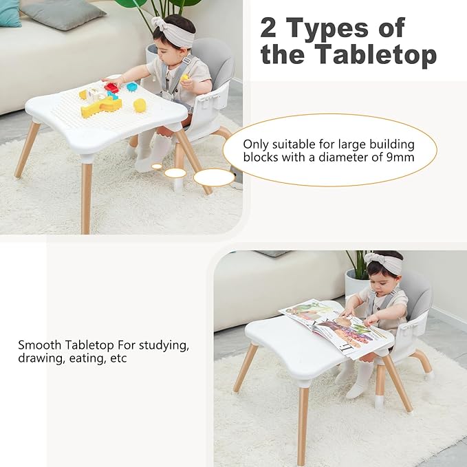 Baby High Chair, 7 in 1 Convertible High Chairs for Babies and Toddlers, Kids Learning Table, Building Block Table, Toddler Dining Chair with 360° Rotating Seat, 5-Point Safety Harness (Grey)-CubbioJoy