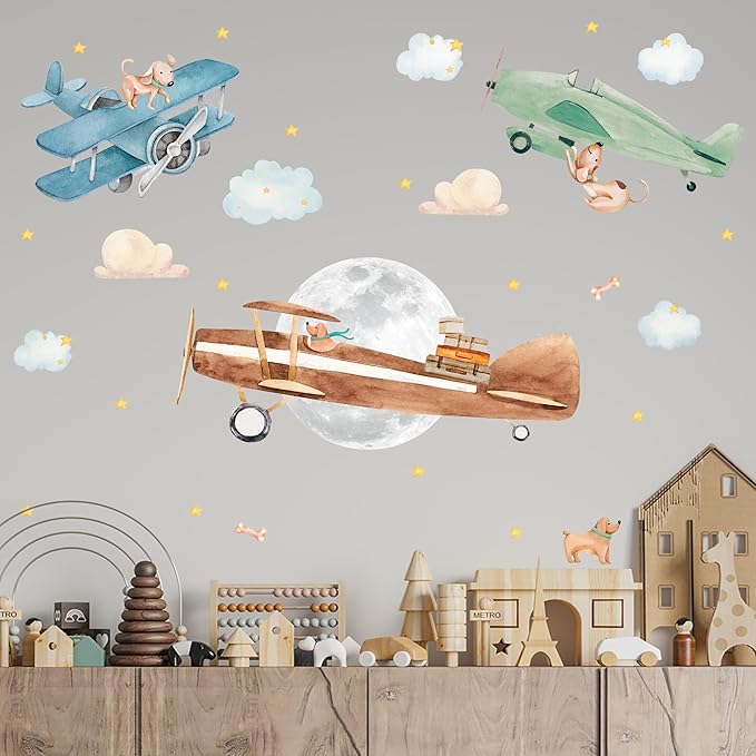 Airplane Wall Decals by Lipastick - Wall Stickers for Boys Room, Watercolor Vintage Plane Stickers for Kids, Baby Nursery, Toddler Bedroom Decor - Premium Vinyl Aircraft Art - S Size-CubbioJoy