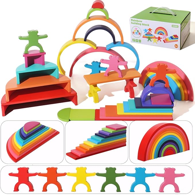 40-Piece Wooden Rainbow Stack Set, 4-in-1 Building Blocks preschoolers Early Development & Activity Toys Montessori Toys for Kids 3, 4, 5, 6 Years and Older Gifts for Boys and Girls-CubbioJoy