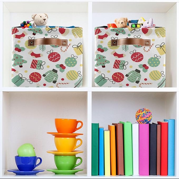 Christmas Storage Basket Tree Candy Canes Socks and Gift Storage Bins Organizer Bag Collapsible Closet Shelf Baskets Cube with handle for Baby Cloth Pet Toy Book 14.2×10.2×8.3 IN-CubbioJoy