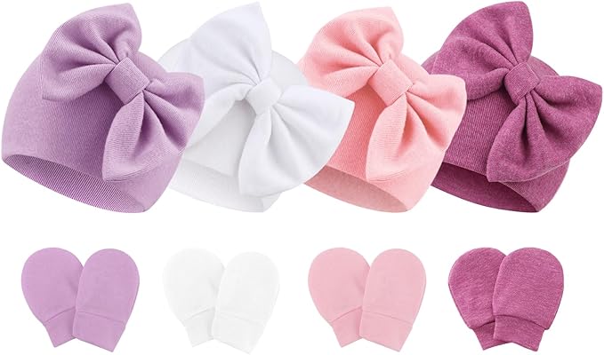 BQUBO Newborn Baby Hats Mittens Set Hospital Hat Beanie Infant Bow Hats Baby Gloves No Scratch Mittens for 0-6 Months-CubbioJoy