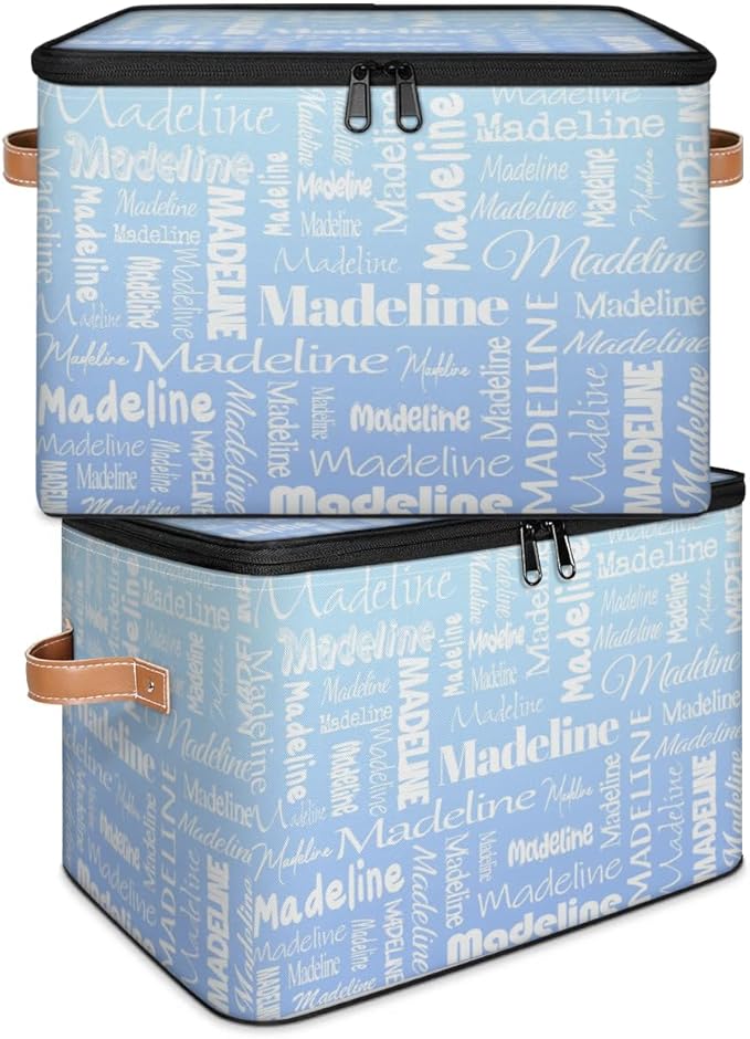 Custom Storage Basket with Name, Personalized Storage Bins with Zipper Lid, Foldable Fabric Storage Box Large capacity with Handle White Blue-CubbioJoy