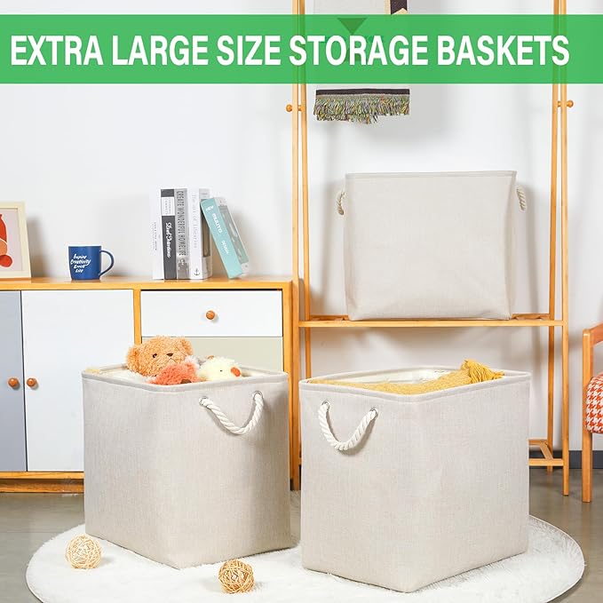 Bidtakay Extra Large Storage Baskets for Organizing Clothes Storage Bins 3 Pack Fabric Storage Bins for Shelves Linen Collapsible Organizer for Closet-Light Biege-CubbioJoy