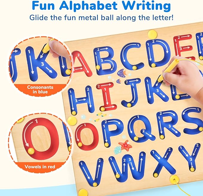 JoyCat Magnetic Letter Tracing Board, Wooden Alphabet Tracing Board for Toddlers ABC Magnets Letter Writing Practice, Magnetic Maze Preschool Learning Educational Toys for Kids 3-5-CubbioJoy