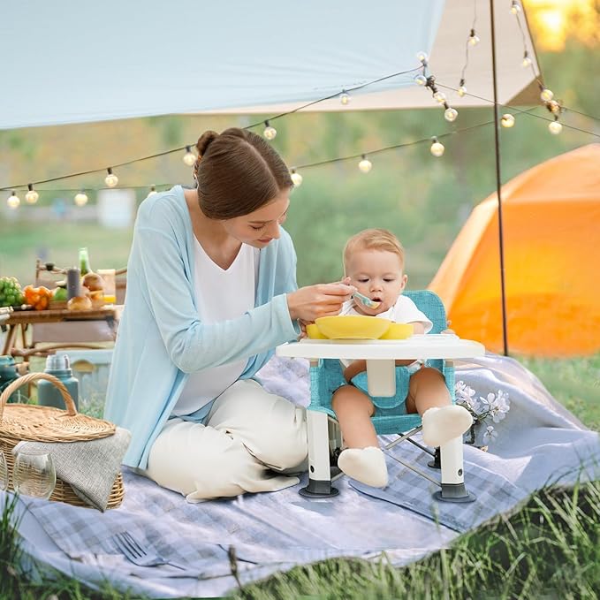 Baby Travel Booster Seat with Double Tray, BabyBond Upgraded Toddler Portable Baby Chair, Booster Seat for Dining Table, Stable and Foldable Booster Baby Chair for Indoor/Outdoor (Blue Sea World)-CubbioJoy