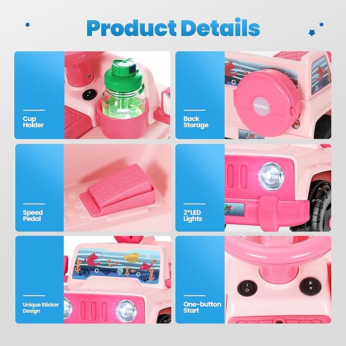 6V Toddler Ride On Car Interactive Electric Car with Horn LED Front Light Rear Storage Ocean Theme Perfect for Boys & Girls 18+ Months Safe Fun and Exciting for Little Explorers(Pink Ocean)-CubbioJoy