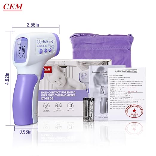 CEM DT-8806 Digital Thermometer for Adults and Kids, No Touch Forehead Thermometer for Baby, 2 in 1 Body Surface Mode Infrared Thermometer with Fever Alarm and Instant Accuracy Readings, Purple-CubbioJoy