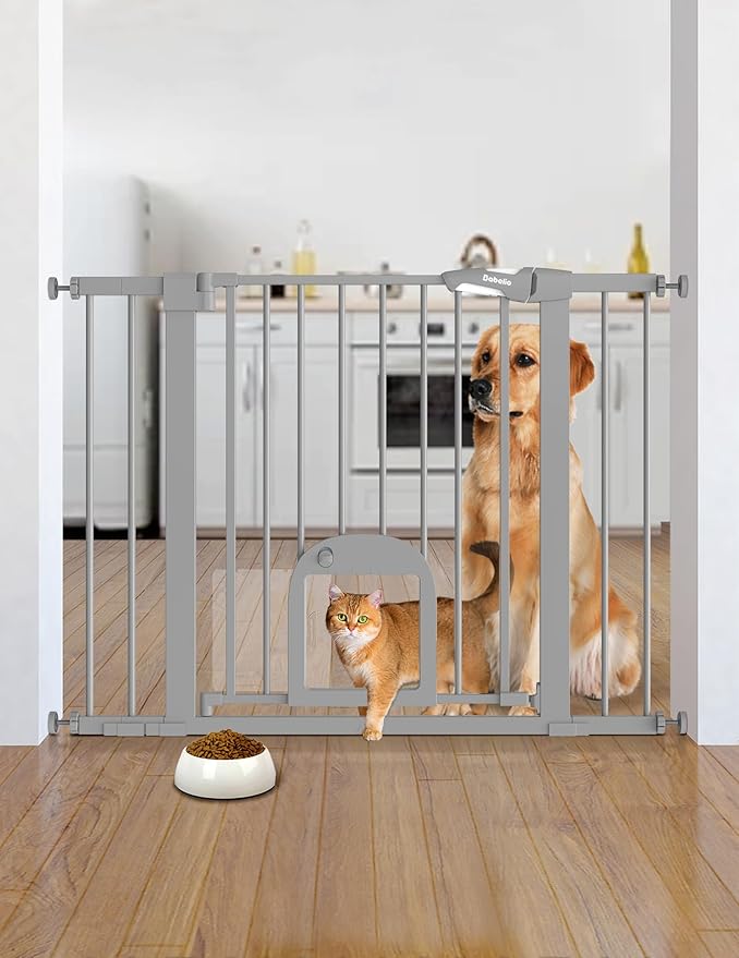 Babelio Baby Gate with Adjustable Cat Door,29-43" Auto Close Durable Pet Door for Stairs,Doorways and House, Pressure Mounted,Easy Install,Effortless Walk Thru,Gray-CubbioJoy