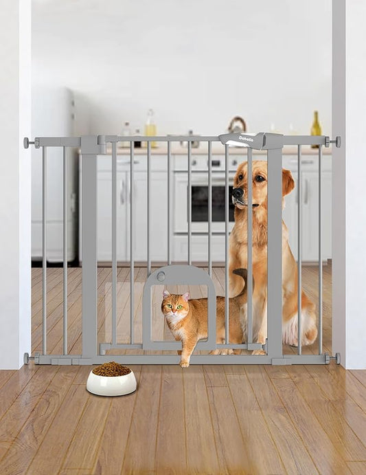 Babelio Baby Gate with Adjustable Cat Door,29-43" Auto Close Durable Pet Door for Stairs,Doorways and House, Pressure Mounted,Easy Install,Effortless Walk Thru,Gray-CubbioJoy