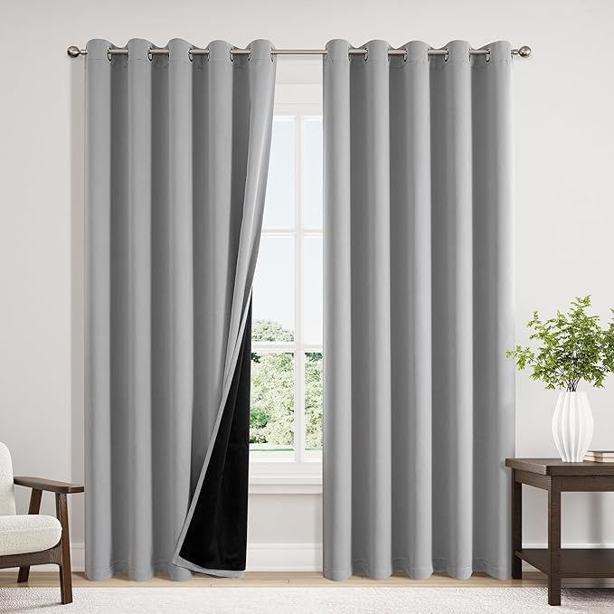 ChrisDowa 100% Blackout Curtains 84 inch Long for Bedroom with Black Liner, Extra Wide 2 Thick Layers Total Blackout Thermal Insulated Grommet Window Curtains 2 Panels Set (Light Grey, 60 x 84 Inch)-CubbioJoy