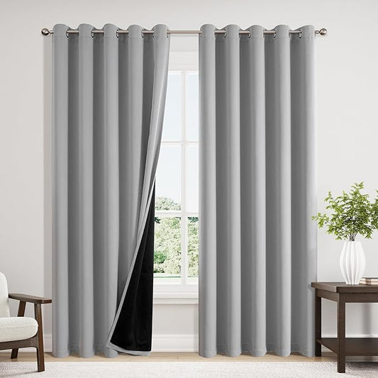 ChrisDowa 100% Blackout Curtains 84 inch Long for Bedroom with Black Liner, Extra Wide 2 Thick Layers Total Blackout Thermal Insulated Grommet Window Curtains 2 Panels Set (Light Grey, 60 x 84 Inch)-CubbioJoy
