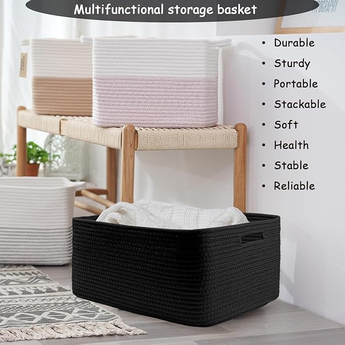 COMFY-HOMI Cotton Rope Woven Basket with Handles for Shelves,Toys,Book, Cloth Storage Baskets for Organizing-17" x 13" x 7.5" Toy Decorative Organizer for Living Room, Bathroom （all black）-CubbioJoy