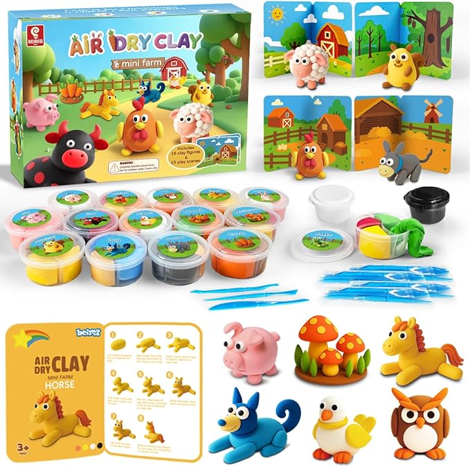 BEIREG Air Dry Clay Farm Adventure Kit for Kids - 15 DIY Farm Animals & Vegetables with Tutorials, Ultra Soft Modeling Magic Clay, Safe Non-Toxic STEM Educational Craft Gift for Boys & Girls Ages 3-12-CubbioJoy