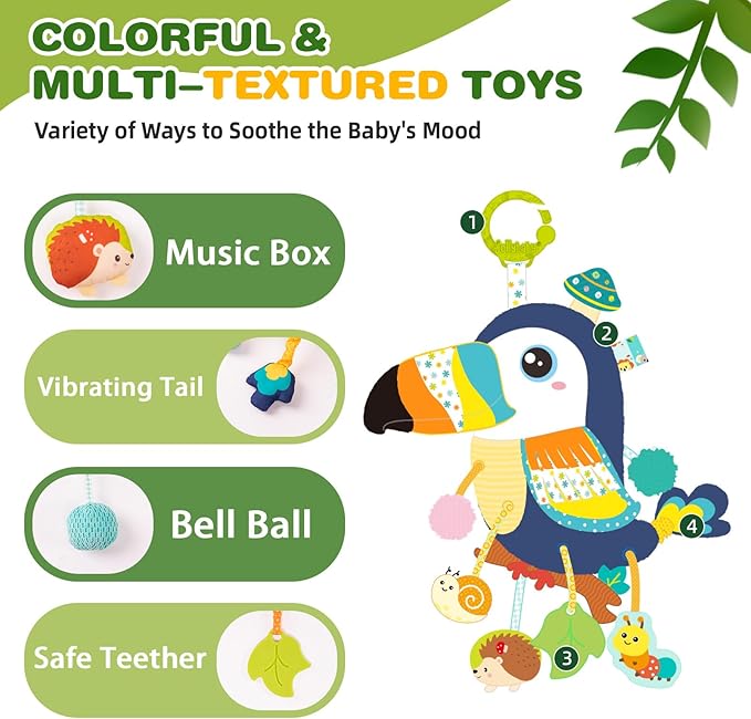 Jollybaby Musical Activity Pull String Hanging Toy for Baby Stroller Car Seat Crib Play Gym, Plush Stuffed Toucan Toy for Carseat with Music Teether Rattles, Sensory Toy for Baby Gift-CubbioJoy