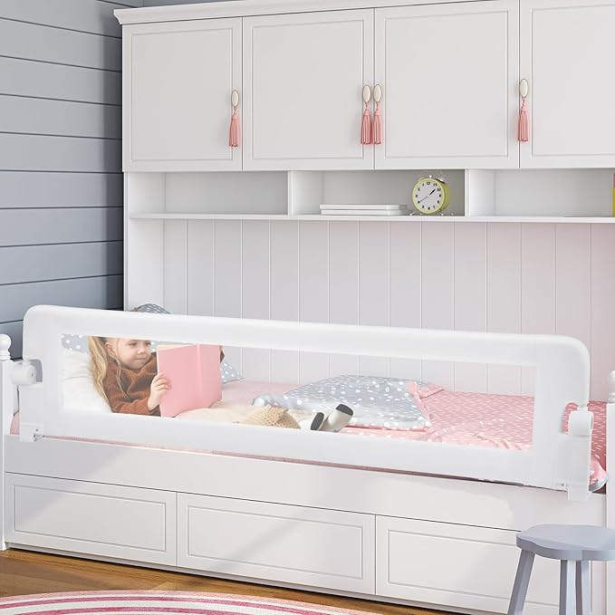 BABY JOY Double Sided Bed Rail Guard, 2 Pack, Extra Long, Swing Down for Convertible Crib, Folding Baby Safety Bedrail for Kids Twin Full Size Queen King Mattress, Rails for Toddlers (White, 71")-CubbioJoy