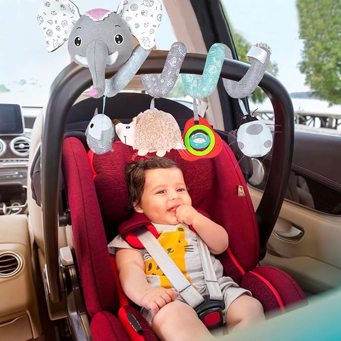 Car Seat Toys, Baby Activity Spiral Hanging Toys for Stroller Car Seat Crib Bar Bassinet Mobile, Musical Elephant Toys for Newborn Infant Boys Girls 0 3 6 12 Months-CubbioJoy