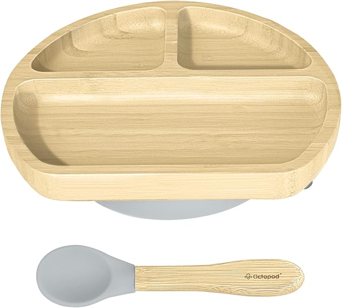 Abiie Octopod Bamboo Dish - Kids Plates for 4 months and up, 3-Compartment Baby Plates with Suction, Triangle Bamboo Baby Plate, Mess-Free Toddler Suction Plates, Baby Feeding Supplies, 8.3x1.9x7.7 in-CubbioJoy