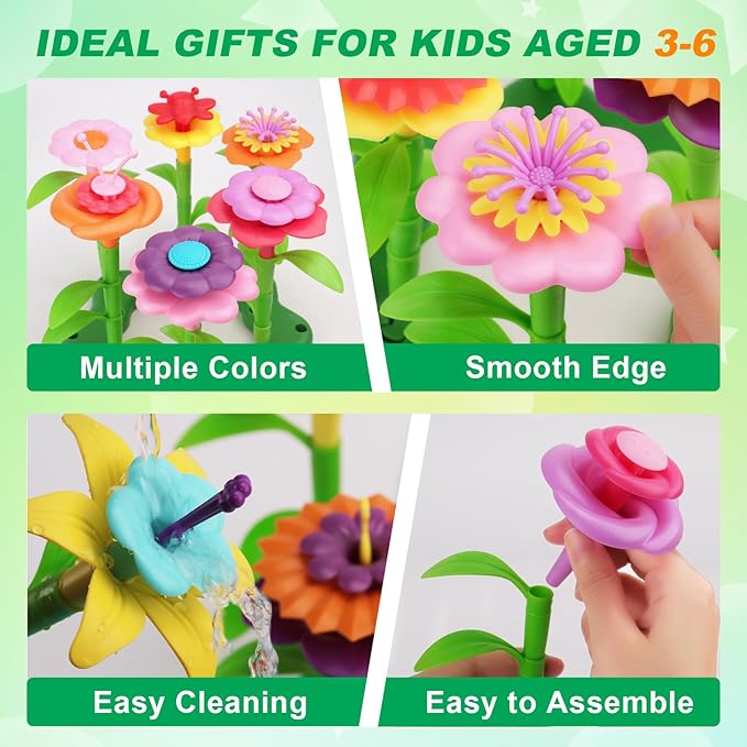 BIRANCO. Flower Garden Building Toys - Build a Bouquet Floral Arrangement Playset for Toddlers and Kids Gifts Age 3, 4, 5, 6 Year Old Girls, Educational STEM Toy (120 PCS)-CubbioJoy