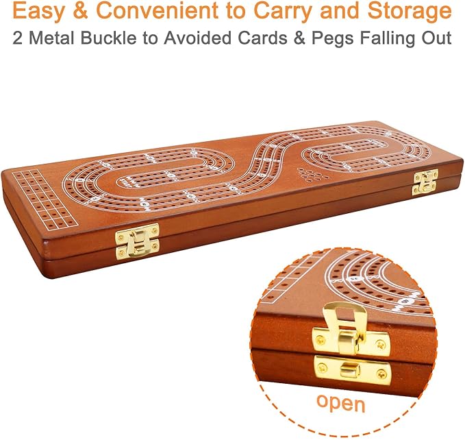 Cribbage Board Game Set 3 Tracks, Plusvivo Solid Oak Wood Cribbage Boards Unique with 9 Metal Pegs & 2 Storage Area, 15.5 X 4.9 X 1.2 in Travel Portable Cribbage Game Sets for Family-CubbioJoy