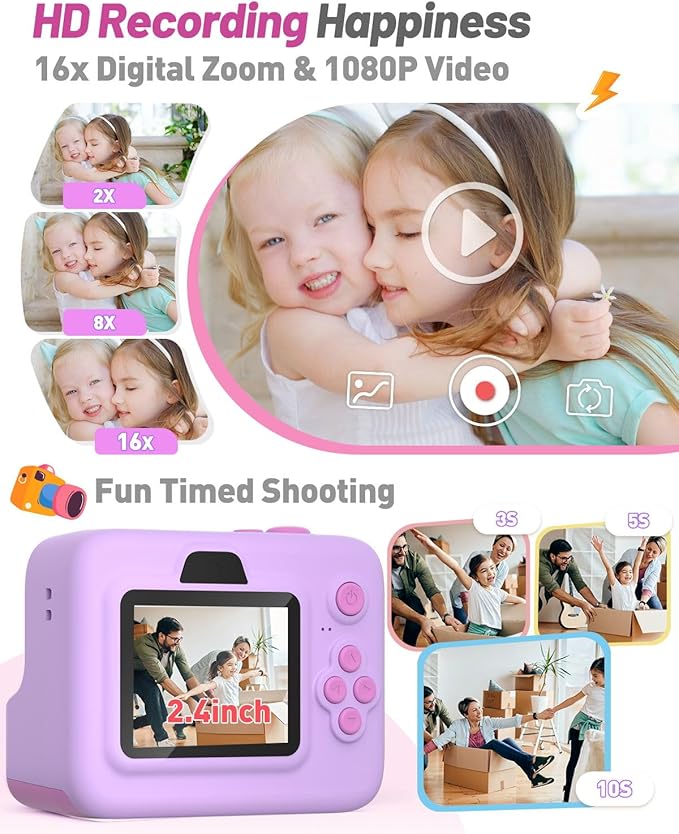 Instant Print Camera for Kids, Christmas Birthday Gifts for 3-12 Year Old Girls Boys, 2.4in Screen 1080P Video Digital Camera Toys for Kids Age 4 5 6 7 8 9 10 with 3 Rolls Print Paper 32G Card-CubbioJoy