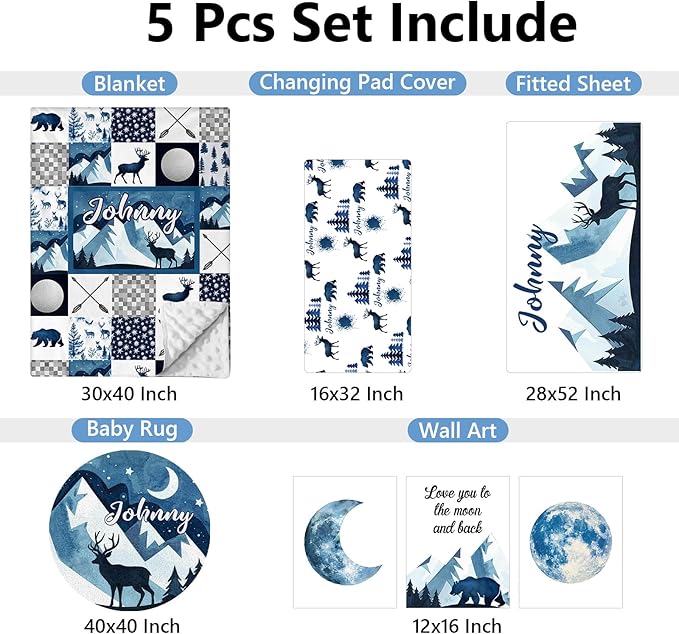 Custom 5-Piece Baby Crib Bedding Set, Personalized Name for Toddlers, Blue Deer Nursery Set for Boy Girl, Double Layer Infant Crib Set, Customized Gifts-CubbioJoy
