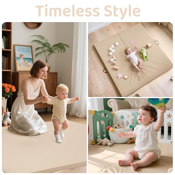 Bella’s Friends Foldable Baby Play Mat for Floor, 50"x50" Vegan Leather Playpen Mat, 1.2" Extra Thick Foam, Non-Toxic, Wipe-Clean, Travel-Ready, Non-Slip Crawling Mat for Kids Toddlers&Infants, Beige-CubbioJoy