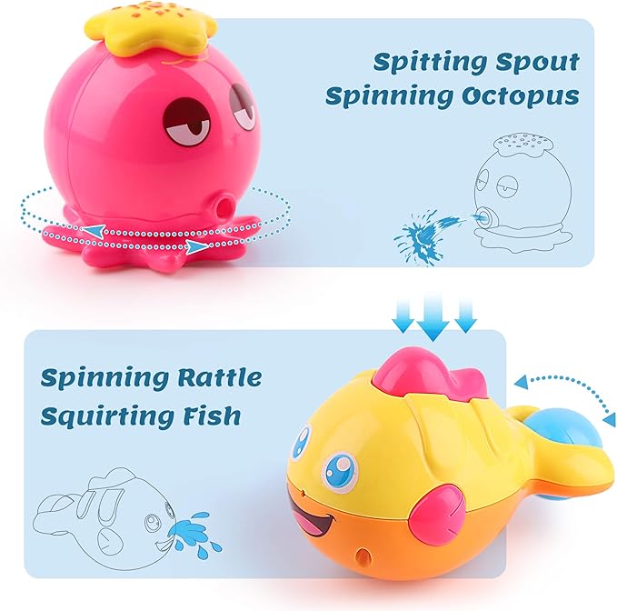 iPlay, iLearn Baby Bath Toys w/ Organizer, Water Squirting Octopus, Wind Up Swimming Turtle, Bathtub & Shower, Stacking Cups, Gift for 6, 9, 12, 18 Months 1, 2, 3 Years, Toddlers, Girls, Boys & Kids-CubbioJoy