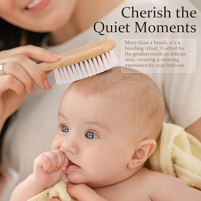 Bamboo Baby Brush and Comb Set (3-Piece) | Ultra-Soft Goat Bristle Newborn Hair Brush for Gently Soothing Cradle Cap | Natural Massage Brush & Toddler Comb | Perfect Baby Registry & Shower Gift-CubbioJoy