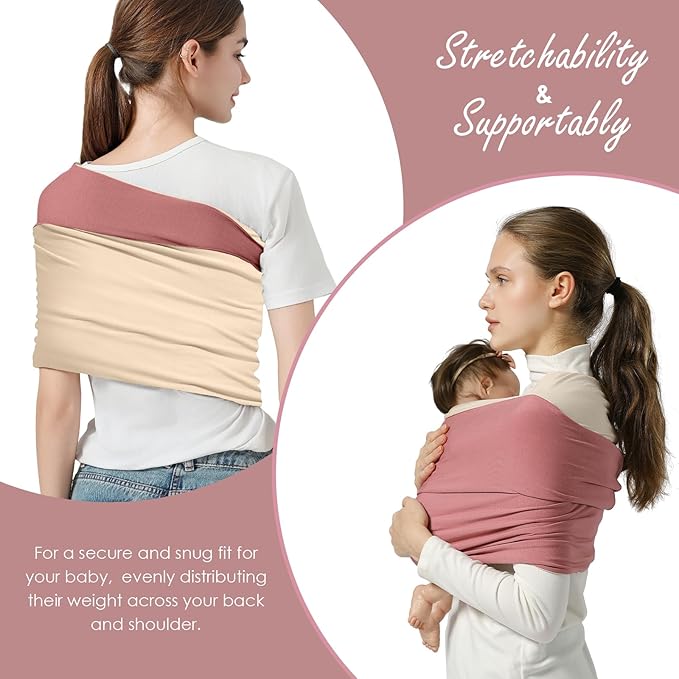 Baby Wrap Carrier, Lightweight Baby Wearing Wraps for Newborn and Infant, Soft Swaddle Holder Carrier, Cozy Baby Sling 7-35 lbs Cream+Pink-CubbioJoy