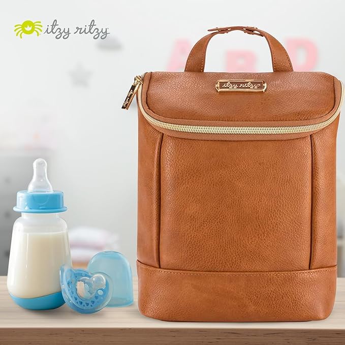 Itzy Ritzy Insulated Bottle Bag – Keeps Bottles Warm or Cool - Holds 3 Bottles & Features Interior Pocket for Ice Pack (Not Included), Cognac-CubbioJoy
