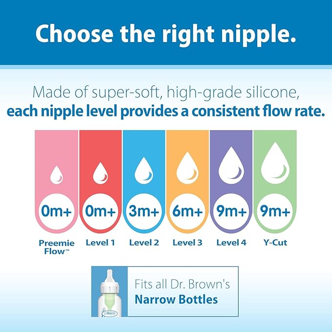 Dr. Brown’s Natural Flow Level 2 Narrow Baby Bottle Silicone Nipple, Medium Flow, 3m+, 100% Silicone Bottle Nipple, 6 Count-CubbioJoy