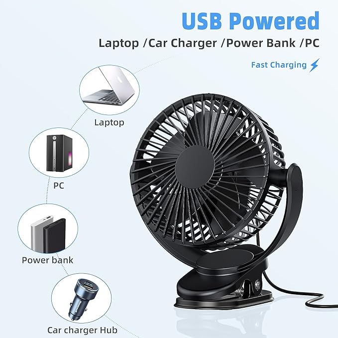 ATEngeus Rechargeable Clip-on USB Desk Fan, 3 Speeds, 5000mAh Battery, 720Rotation, Sturdy Clamp for Home, Camping, Treadmill and Car-CubbioJoy