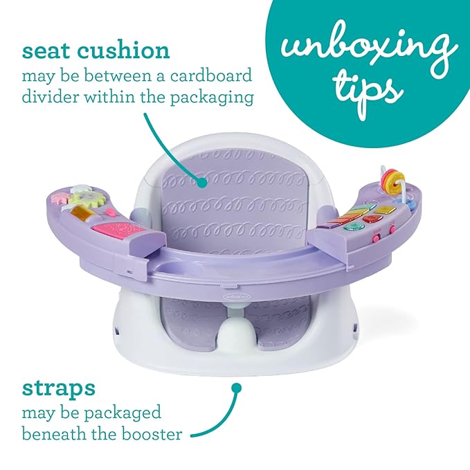 Infantino Music & Lights 3-in-1 Discovery Seat & Booster, Toddler Booster Seat for Dining Table or Kitchen Chair, Baby Activity Center & Snack Tray, Lavender-CubbioJoy