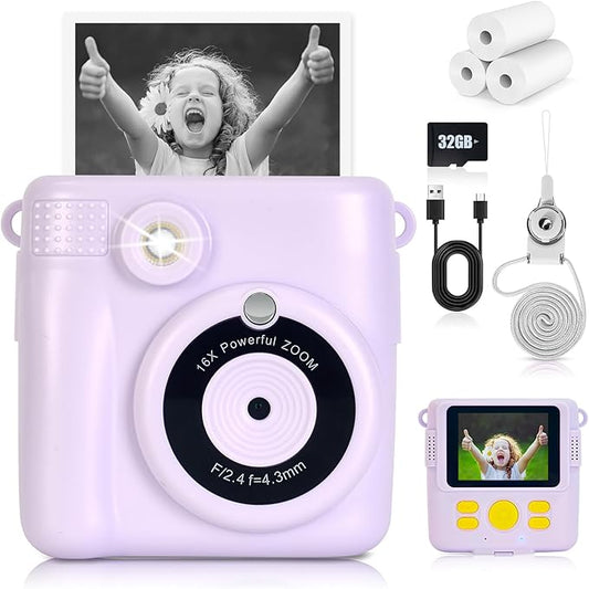 Instant Print Camera for Kids - 2.4 Inch Kids Camera Instant Print with Paper & 32G Card- Digital Children Toys as Christams Birthday Gifts for Girls Boys Age 3-12 - Purple-CubbioJoy