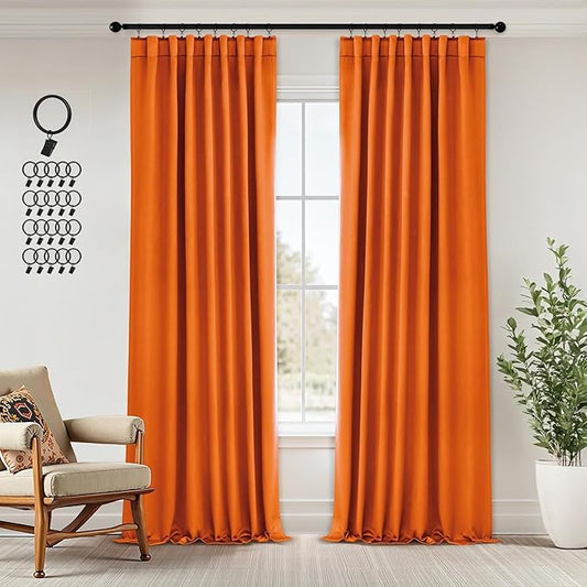 ANRODUO Back Tab Blackout Curtains for Bedroom Living Room, Rod Pocket Pinch Pleated Thermal Insulated Room Darkening Curtains 96 Inches Long 2 Panels, Orange, 42 x 96 Inch-CubbioJoy