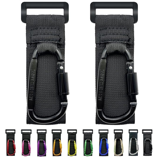 Baby Stroller Hook, Carry 30 lbs per Stroller Carabiner Clip, Adjustable Baby Stroller & Car Seat Hook for Hanging Diaper Bag, Wheelchair, Golf cart, Shopping and Pet Cart(2 Pcs Black)-CubbioJoy