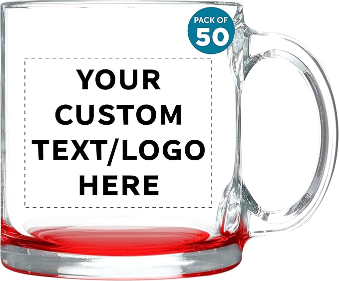 Custom Libbey Clear Glass Coffee Mugs 13 oz. Set of 50, Personalized Bulk Pack - Perfect for Coffee, Tea, Espresso, Hot Cocoa, Other Beverages - Red Bottom-CubbioJoy