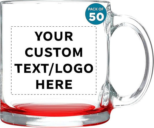 Custom Libbey Clear Glass Coffee Mugs 13 oz. Set of 50, Personalized Bulk Pack - Perfect for Coffee, Tea, Espresso, Hot Cocoa, Other Beverages - Red Bottom-CubbioJoy