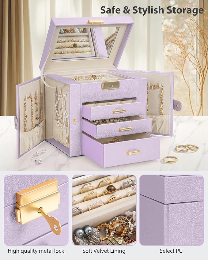 AKOZLIN 4-Tier Jewelry Box Leather Jewelry Storage Organizer with 3 Drawers Lockable for Women Girls Ring Necklace Earring Bracelet Holder with Mirror Purple-CubbioJoy