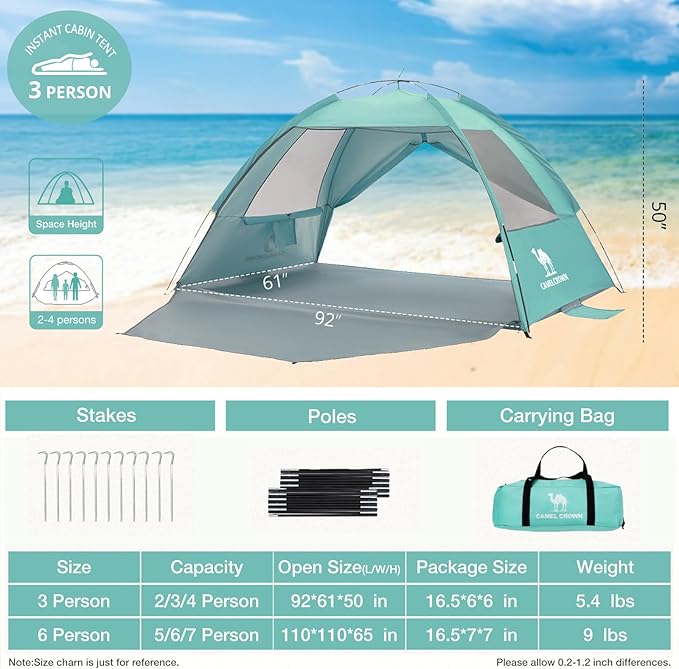 CAMEL CROWN Beach Tent UPF 50+ Sun Shelter for 2/3/5/6 Person, Lightweight Portable Sun Shade with Sand Anchor, Family Beach Day & Outdoor Adventures-CubbioJoy