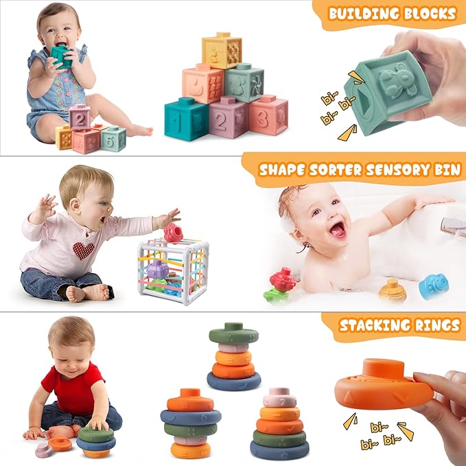 4-in-1 Baby Toys for 6-12 Months, Montessori Soft Stacking Blocks for Babies, Infants Teething Toys, Sensory Balls and Educational Learning Set for Toddlers (Boys & Girls)-CubbioJoy