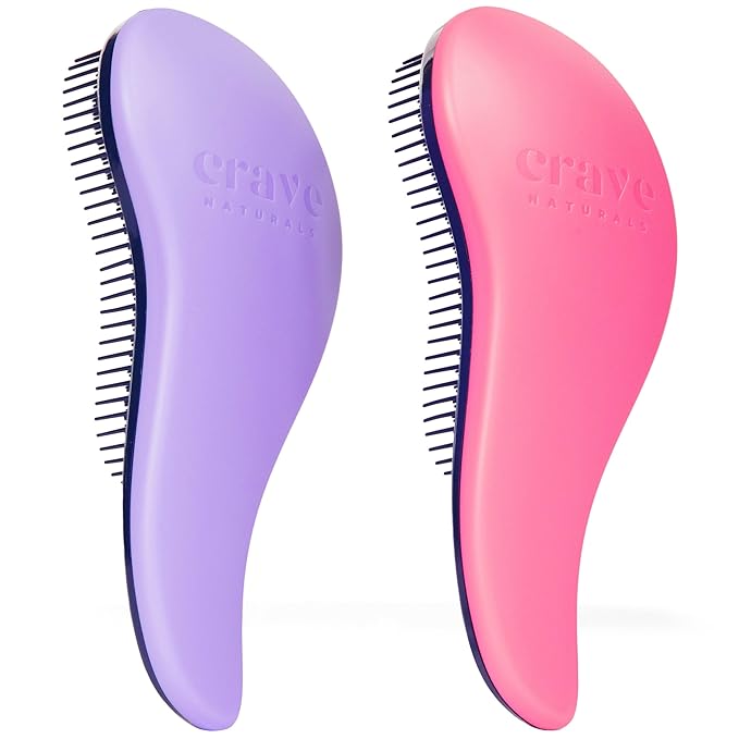 Crave Naturals Glide Thru Detangling Brush for Adults and Kids - Detangler Brush for Curly or Straight, Wet or Dry Hair - Gentle on Tangles Hair Comb - 7.5x3-Inch, Pink and Purple (Pack of 2)-CubbioJoy