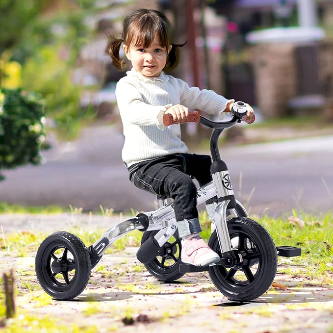 Ancaixin 3 in 1 Toddler Tricycles for 2-5 Years Old Boys Girls with Adjustable Seat Detachable Pedal and Bell, Foldable Baby Balance Bike Riding Toys, Kids Birthday Christmas New Year Gift (Silver)-CubbioJoy