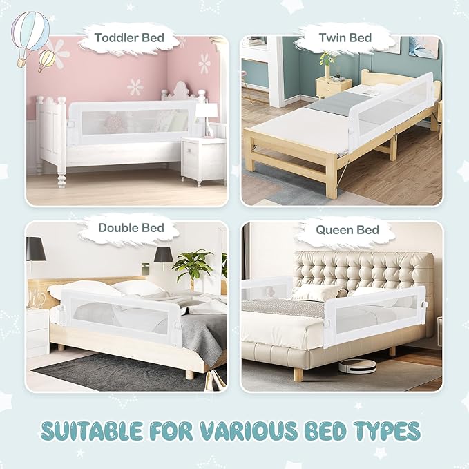 BABY JOY Bed Rails for Toddlers, Extra Long, Swing Down Safety Bed Guard for Convertible Crib, Folding Baby Bedrail for Kids Twin, Double, Full Size Queen & King Mattress (60-Inch, White)-CubbioJoy